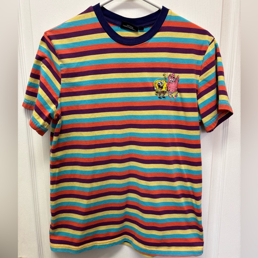 Men’s Size Medium Colorful Striped SpongeBob & Patrick Shirt